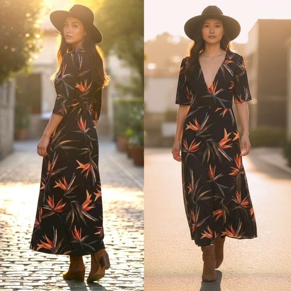 Anthropologie FREE PEOPLE Sarah Bird of Paradise V Neck Midi Dress